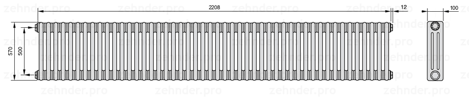 Схема (чертеж) Радиатор Zehnder Charleston 3057/48 №1270 Белый глянцевый RAL 9016
